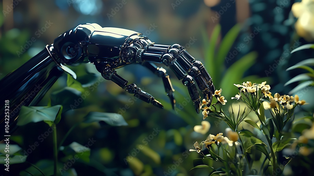 Aufkleber a futuristic garden where robots blossom from seeds merging nature and technology in perfect harmony