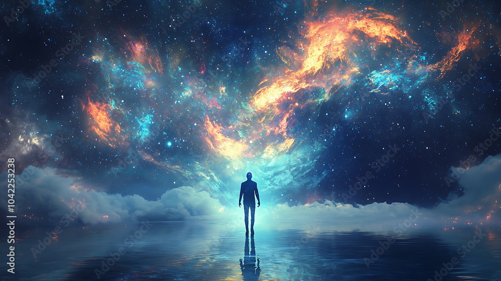 Poster exploring the cosmic depths a silhouette standing amidst the wonders of the universe and the infinit