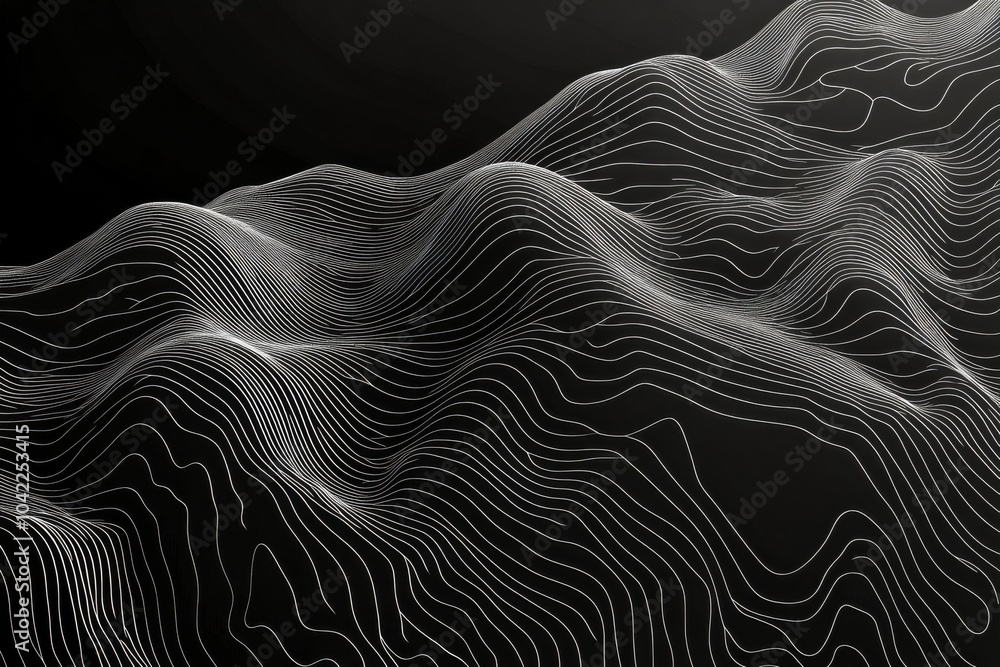 Poster abstract topographic design featuring flowing lines in monochrome tones on a textured surface