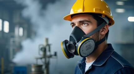 Fototapeta premium A worker in protective gear observes industrial operations inside a manufacturing facility during daytime