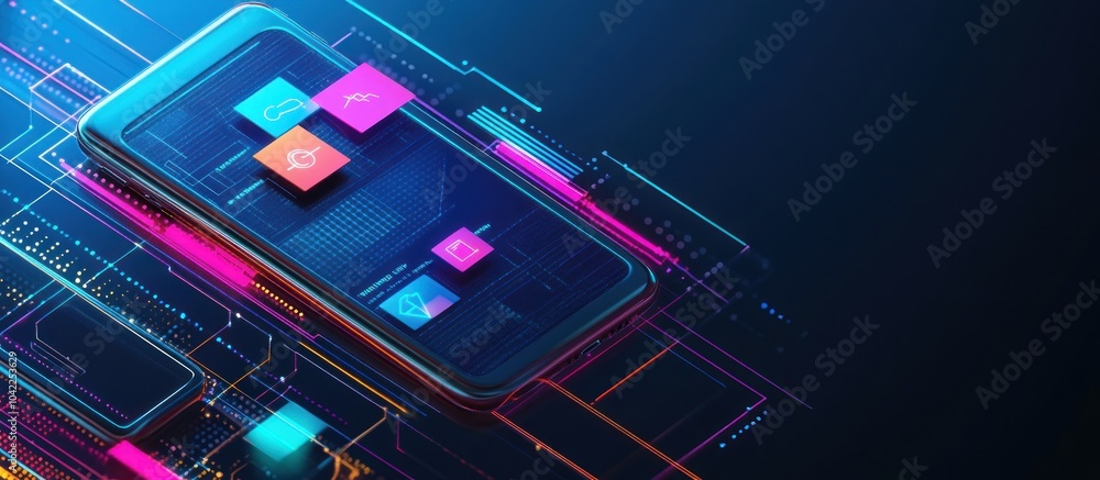 Poster a smartphone with colorful icons and glowing lines in a futuristic setting, symbolizing the connecte