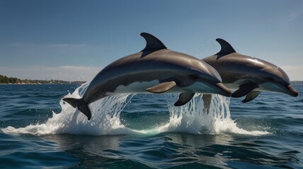 Obraz premium Two dolphins leap from the water, creating a splash and showing their sleek bodies against a clear blue sky.
