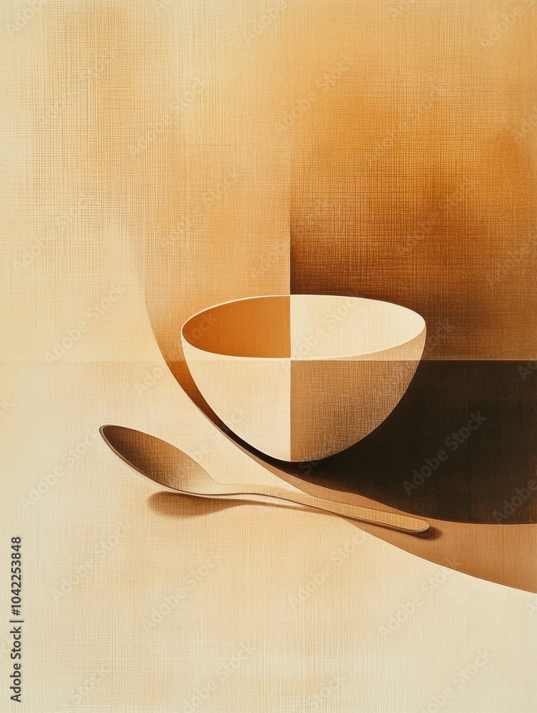 Poster a warm-toned background showcases a minimalist spoon and cup design, emphasizing shapes, shadows, an