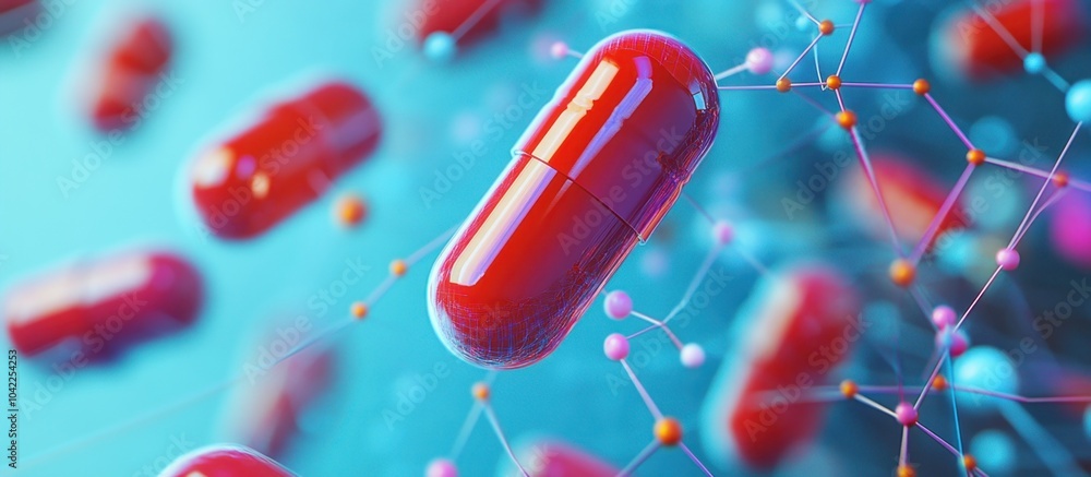 Poster red pills floating in a blue background with a connected network of orange and pink spheres.