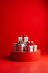 christmas gifts displayed red background empty podium holiday product showcase sale promotion