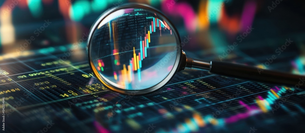 Poster a magnifying glass focuses on a financial chart with a blurred background showing more charts.