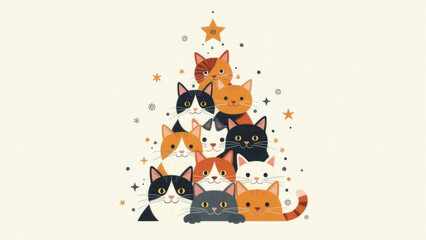 Fototapeta premium Festive cat christmas tree illustration for holiday decor and greeting cards