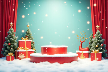 colorful stage features podium holiday theme elements snowy white backdrop festive greetings christmas celebrations annually