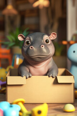 Adorable baby pygmy hippo sitting in a cardboard box