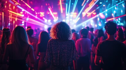 Naklejka premium Vibrant Nightclub Scene with Colorful Laser Lights and Energetic Crowd Dancing to Music