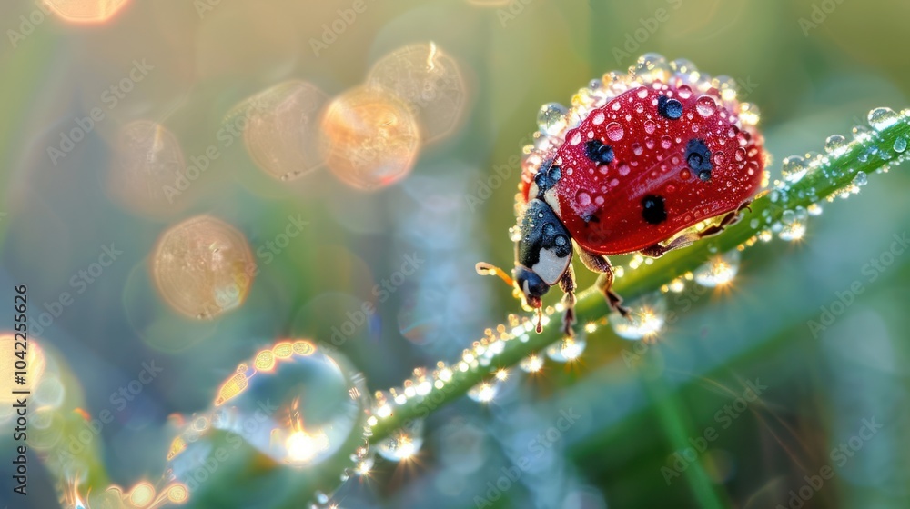 Canvas Prints Ladybug on a Dew-Covered Blade of Grass