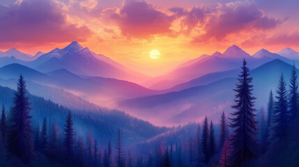 Obraz premium Vibrant Sunset Over Misty Mountain Range with Pink and Purple Skies Beautiful Nature 