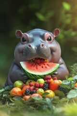 Naklejka premium Baby pygmy hippo eating watermelon in fruit garden