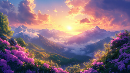 Golden sunrise over lush mountain ranges with misty clouds, vibrant sky colors, and blooming wildflowers creating a peaceful, scenic, and tranquil nature background