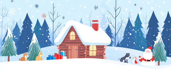A cozy log cabin in a snowy landscape, surrounded by pine trees and festive decorations, featuring Santa and playful animals.