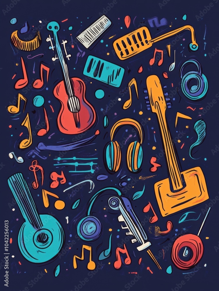 Poster a captivating assortment of musical doodles showcasing instruments, notes, and headphones, all creat