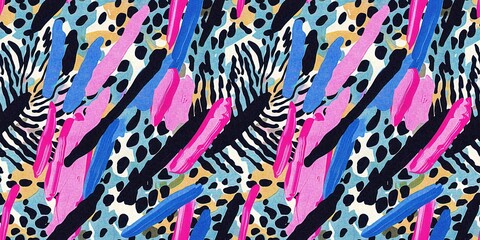 Fun girly camouflage border pattern in vibrant stripes and spotted seamless design . Modern skin banner texture patched effect for festival and beach wear style in ribbon repeat.