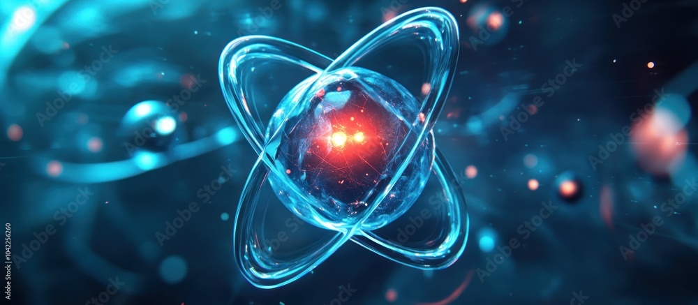Poster 3d rendering of an atom with a bright red nucleus and blue electron shells against a blue background