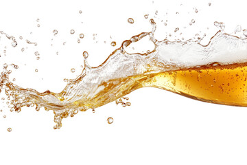 Golden beer splash captured in motion, creating dynamic and refreshing visual effect against,Isolated on transparent background