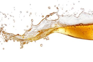 Golden beer splash captured in motion, creating dynamic and refreshing visual effect against,Isolated on transparent background