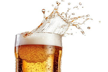 Golden beer with foam splashing from glass, capturing refreshing essence of cold beverage,Isolated on transparent background
