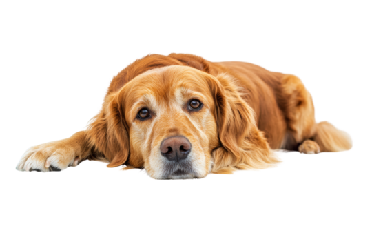 Golden retriever lying down, looking calm and relaxed,Isolated on transparent background