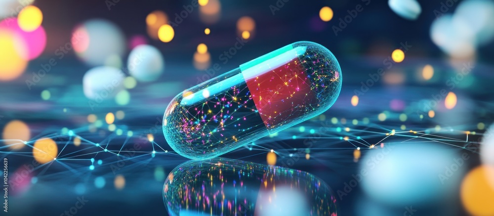 Poster a translucent pill filled with colorful particles sits on a blue surface with a network of lines and