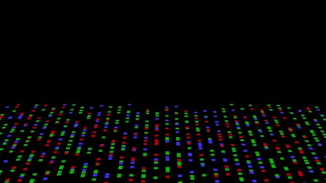 abstract background with lines and multicolor squares.
Digital simulation of code scrolling on dark background as DNA or code string packets. Abstract data visualization concept with multicolor square