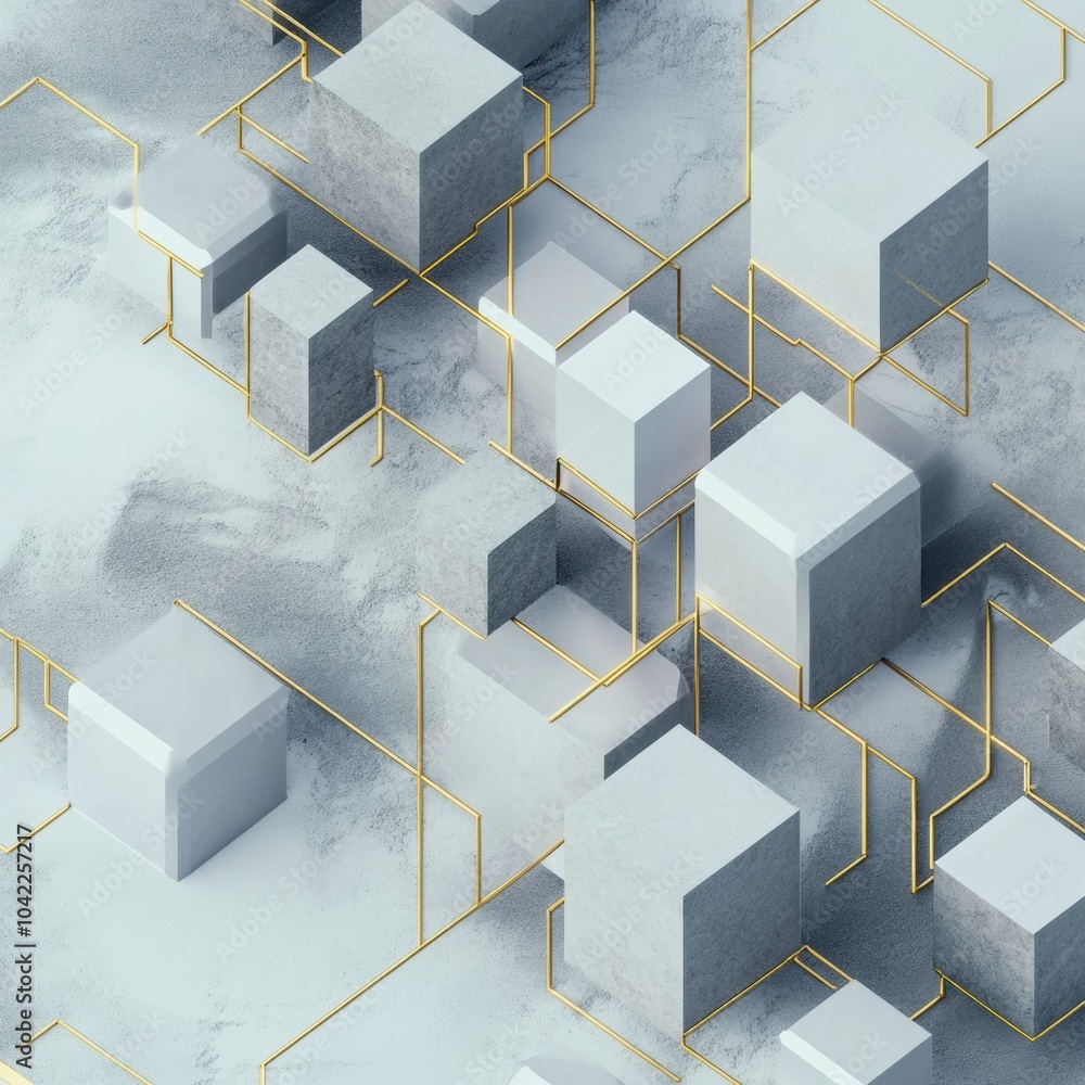 Poster cubes of different sizes and tones are interconnected by diagonal lines, set against a soft, light b