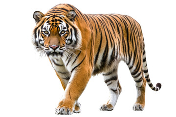 Obraz premium Majestic tiger walking, showcasing its powerful physique and striking coat Perfect for wildlife-themed projects,Isolated on transparent background