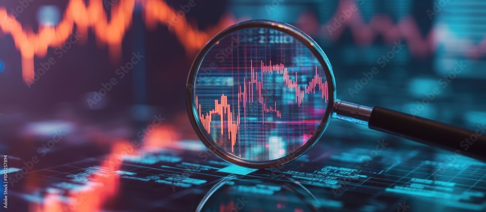 Poster a magnifying glass magnifies a red graph line, with a blurred blue and red graph line in the backgro