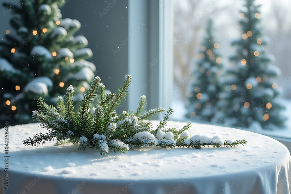 Poster fir branches snowy table create winter display using generative ai artistic purposes snow copies tre