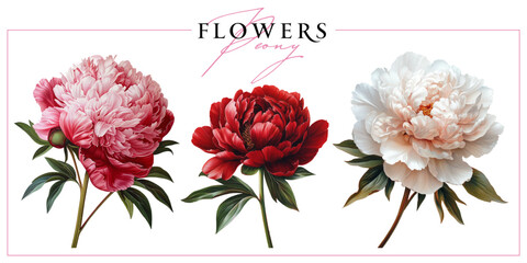 Garden peony flowers isolated on a white background. Vintage painting style illustration. © Anna