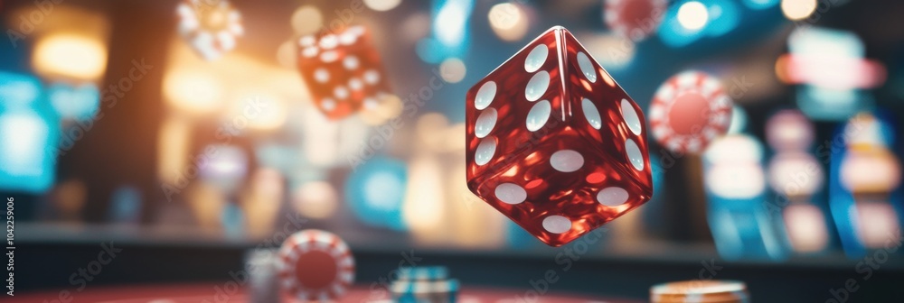 Poster red dice hover mid-air as they fly across a craps table filled with poker chips, capturing the thril