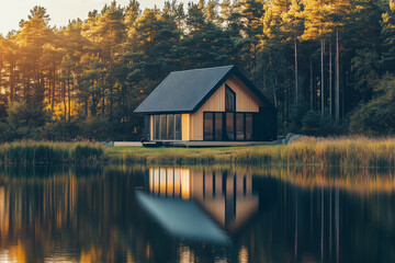 Fototapeta premium A minimalist wooden house surrounded by high trees in an autumn forest by the lake