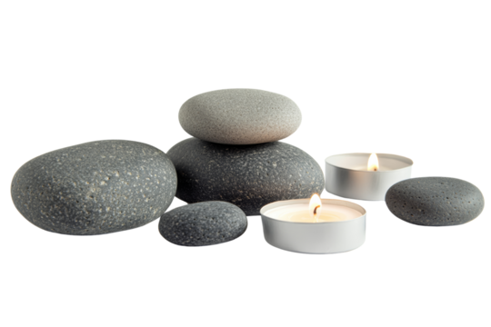 Smooth, tranquil stones stacked with lit candles, creating serene atmosphere for relaxation and meditation,Isolated on transparent background