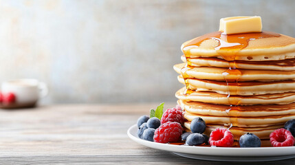 A stack of fluffy, golden-brown pancakes piled high on a plate, each pancake perfectly round and light