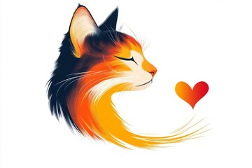 Obraz premium Stylized cat with flowing fur and heart icon, perfect for pet ad campaigns or veterinary marketing visuals