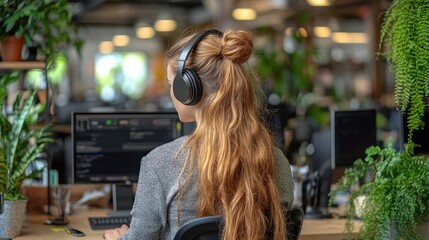 Employee with noise-canceling headphones, deeply focused on work, representing concentration and minimizing distractions for better output