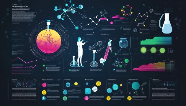 infographic depicting the contributions of women in science featuring symbols of various scientific fields and colorful data visualization elements