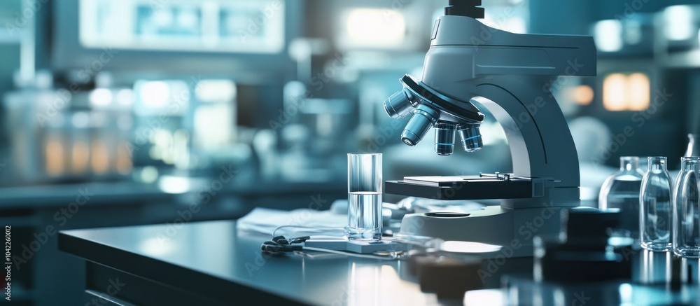 Poster a microscope and glassware on a laboratory table in a modern laboratory.