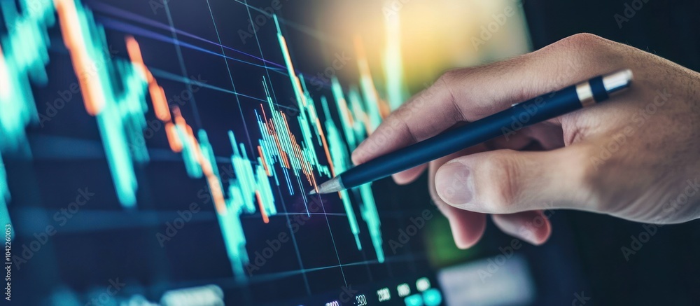 Aufkleber hand with a pencil pointing at a stock market graph on a computer screen.