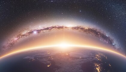 Obraz premium Earth's Embrace Milky Way Arcing Over a Sunset Horizon, Digital Art, Space, Astronomy, Earth
