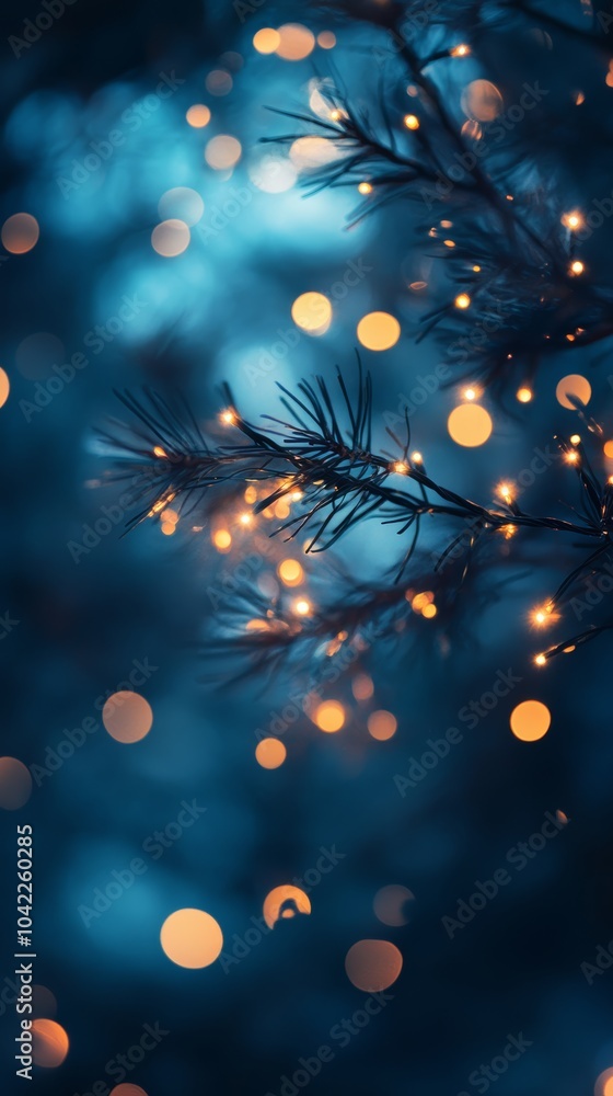 Poster christmas tree branch with soft glowing lights and blue bokeh background. festive holiday mood for c