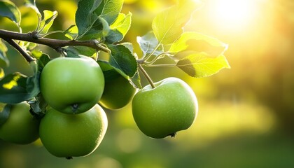 Green Apples in Sunlight, Close-up Perspective, Lush Foliage, Bright Backdrop, Fruit, Nature, Orchard