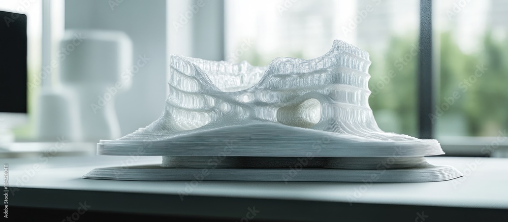 Aufkleber a white 3d printed model of an abstract shape on a white surface with a blurred background.