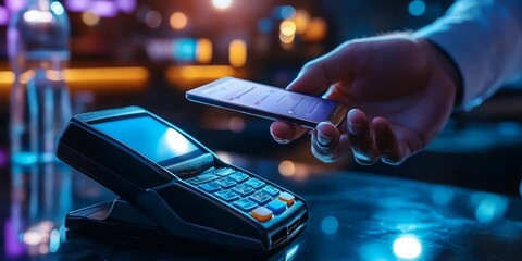 Businessman using smartphone to make secure nfc contactless payment in bar