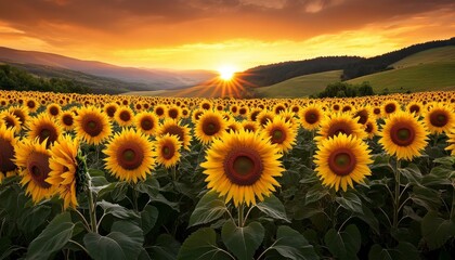 Sunflowers at Sunset A Golden Field of Hope, sunflowers, sunset, field