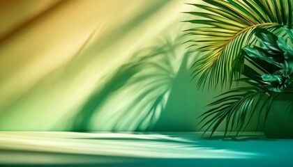 Fototapeta premium Tropical Green Wall with Palm Leaf Shadows, Minimalistic Background , Product Display , Summer Vibes, Green , Minimalism , Nature