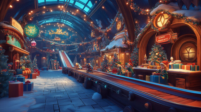 Santa workshop, the room is decorated with a christmas theme , the light is warm